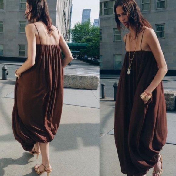 Zara Multi Position Balloon Dress Brown Size XS S - Picture 5 of 13